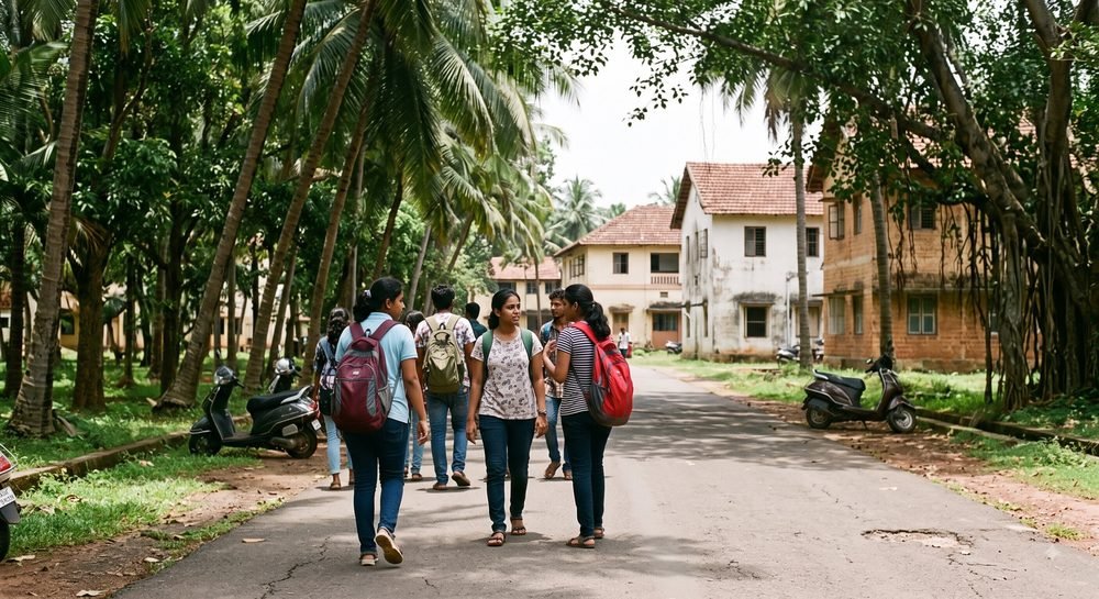 Students walking along a tree-lined road near a university campus