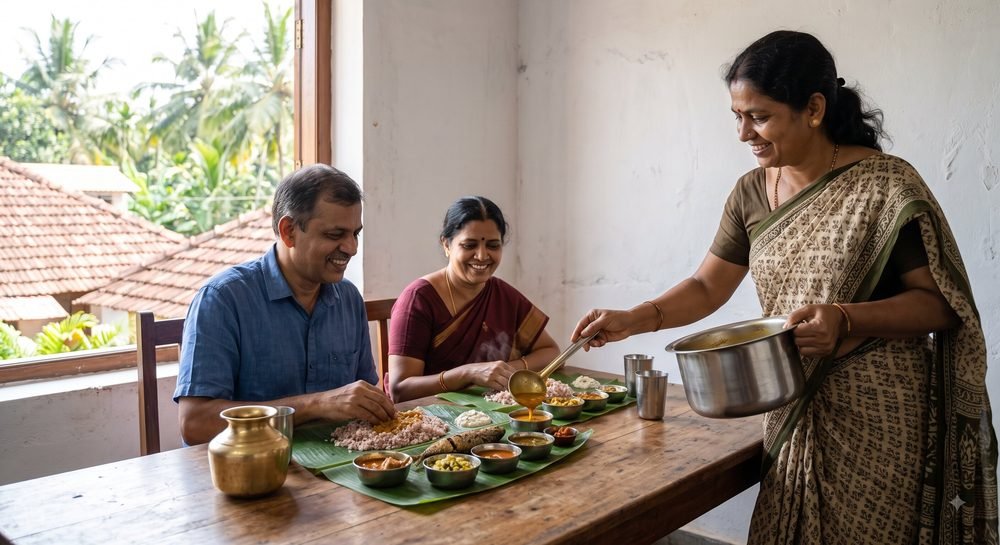 A home cook serving sambar to two seated guests eating a coastal Karnataka meal from banana leaves at a wooden table