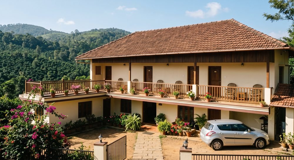 A two-storey guest property in Kodagu with a terracotta-tiled roof, a row of guest room doors along an open balcony and a car parked in the courtyard