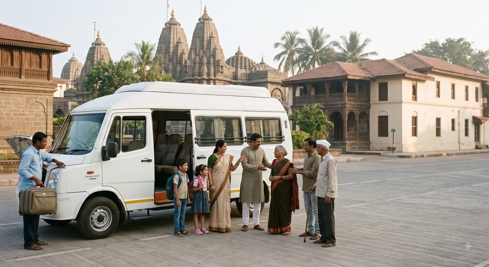 A driver loading bags into a white tempo traveller minibus while a multi-generational family prepares to board, temple spires behind
