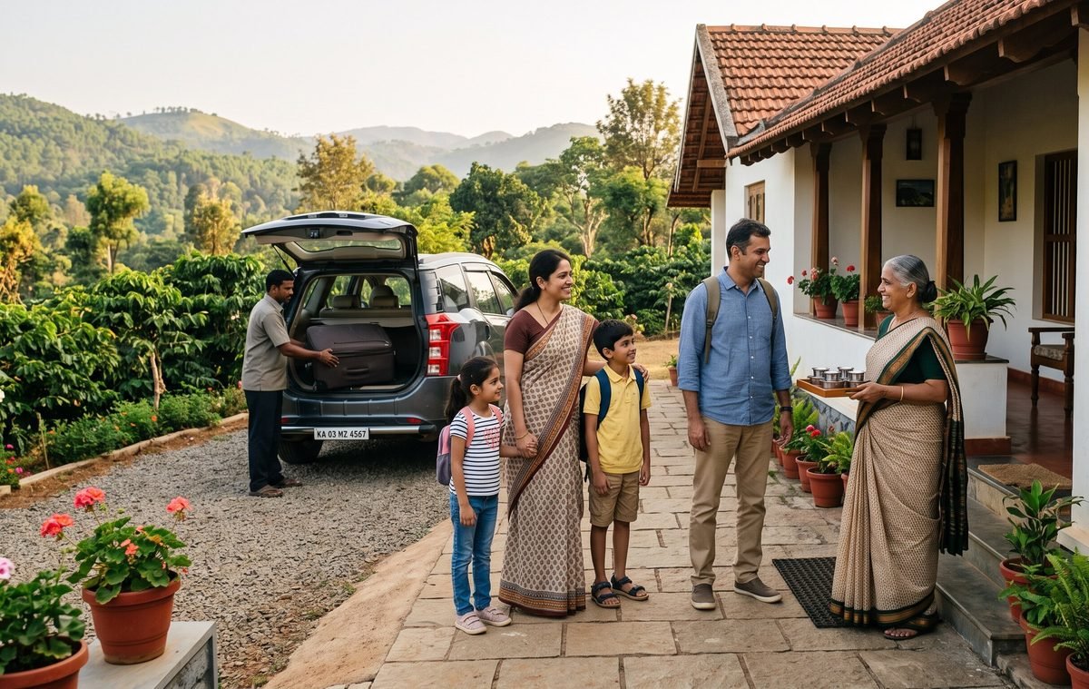 A family arriving at a hillside guest property in Karnataka — a driver lifts a suitcase from the car boot while the owner greets them at the door with a tray of coffee