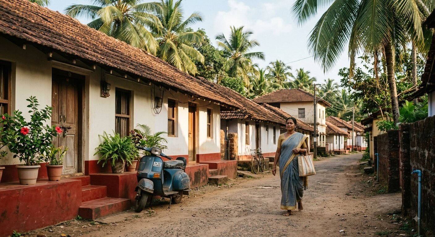 A quiet residential street with tiled-roof houses and coconut palms