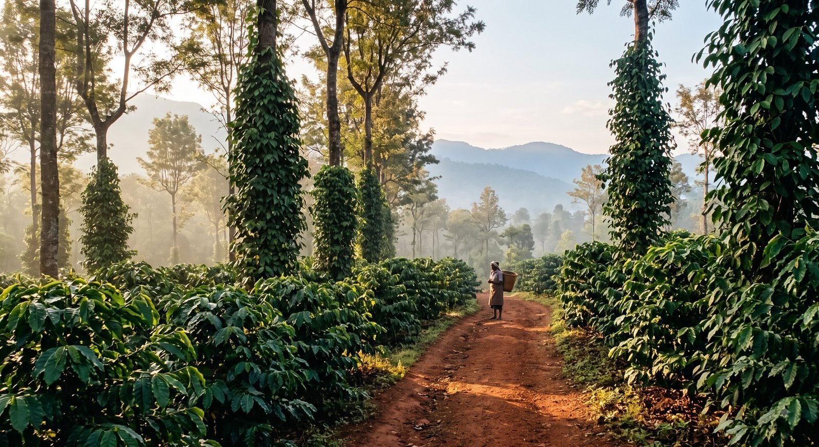 A coffee estate track at dawn with hills behind