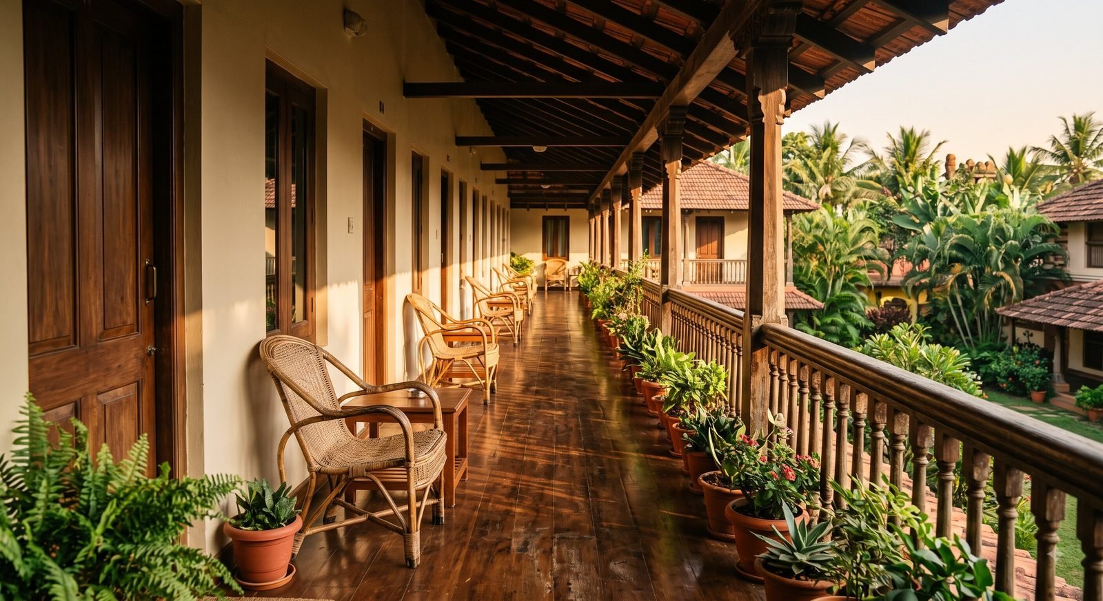 A balcony looking along a row of guest room doors with cane chairs