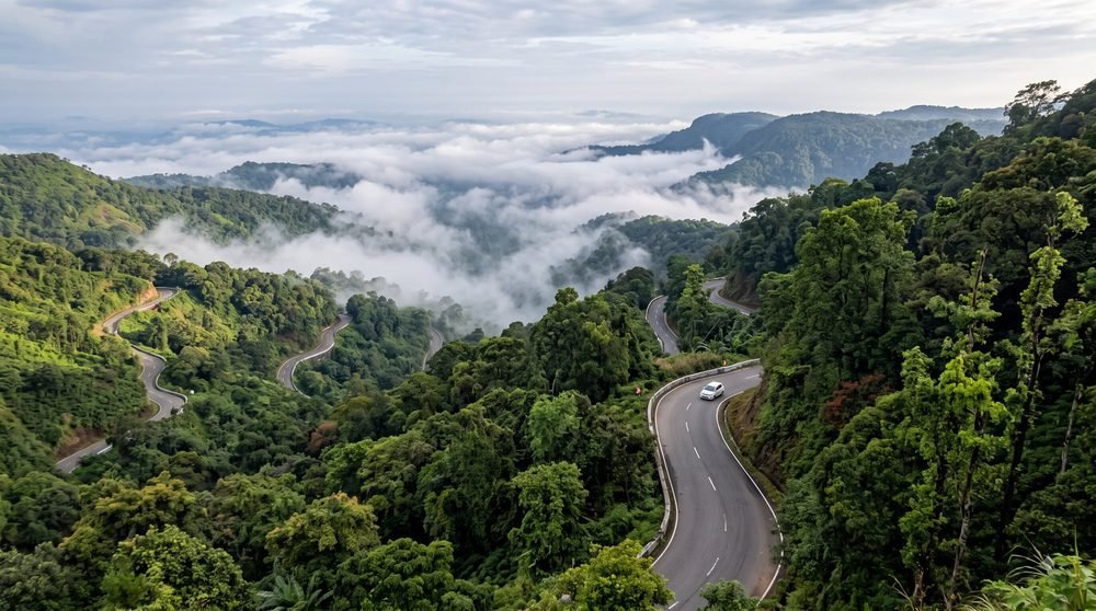 A ghat road winding between green slopes