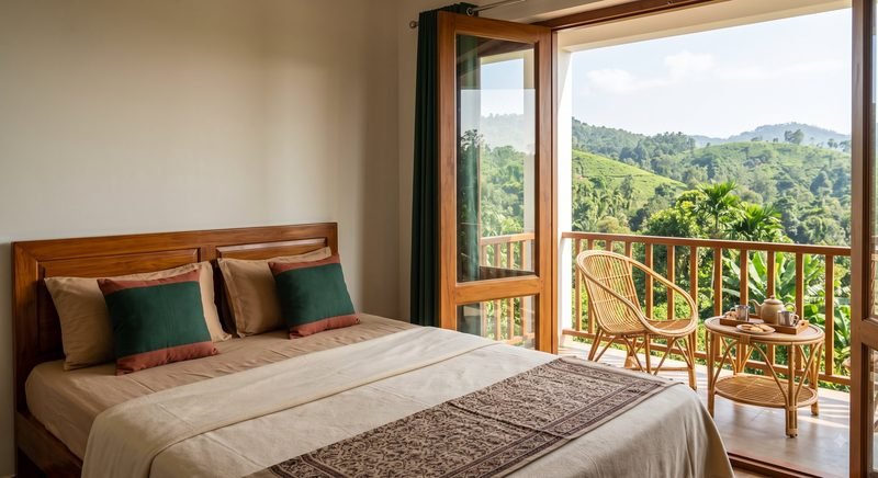 A guest room opening onto a balcony over green hills