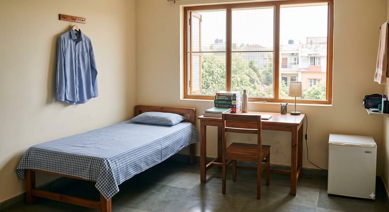 A simple long-stay room with a single bed, a study table under the window and a small fridge