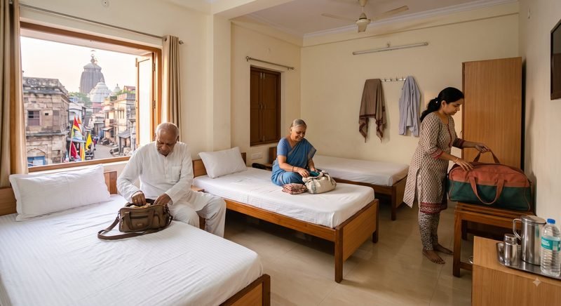 A clean hotel room with single beds and a window over a temple town
