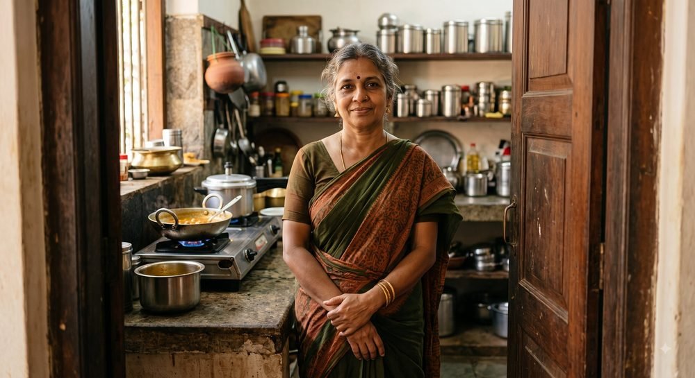 A home cook standing at her kitchen doorway, vessels and a stove behind her