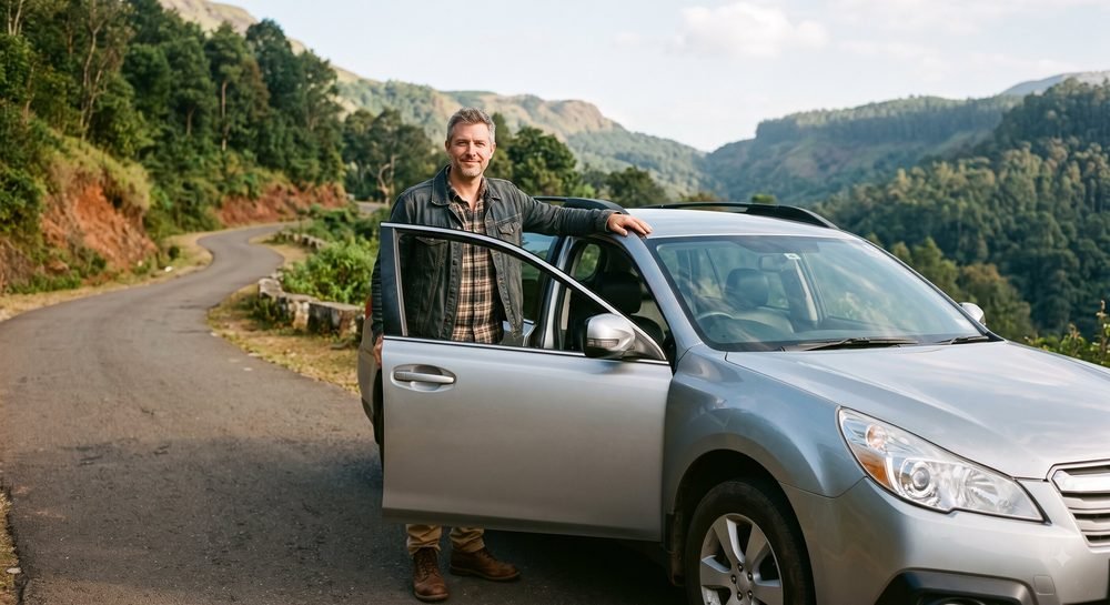 A driver standing beside his car with the door open and a hill road behind