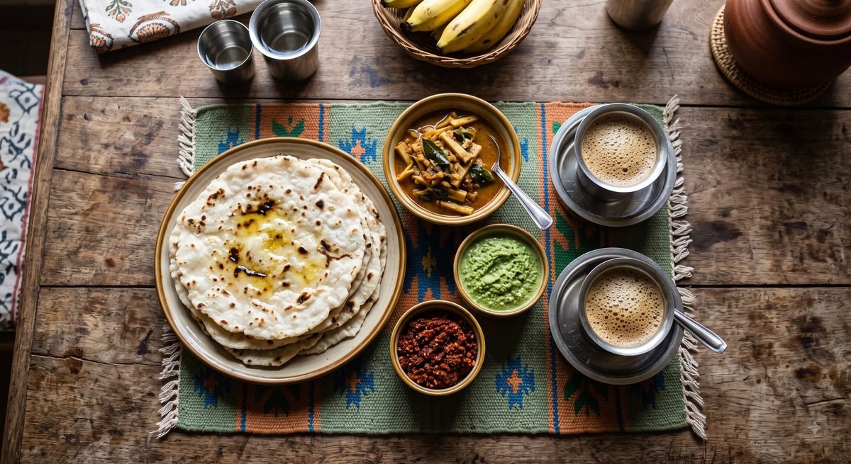 A Kodava breakfast of akki roti, chutney and curry with filter coffee in steel tumblers