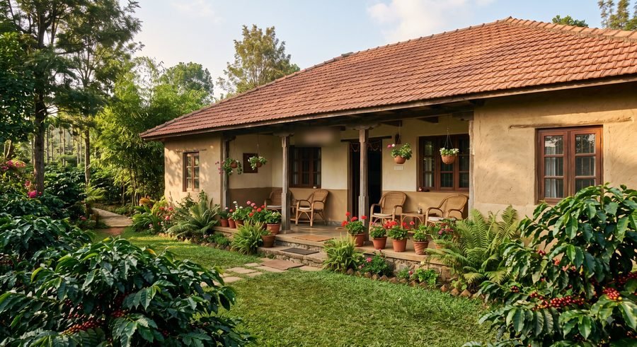 A Kodava-style estate homestay with a deep verandah and coffee bushes