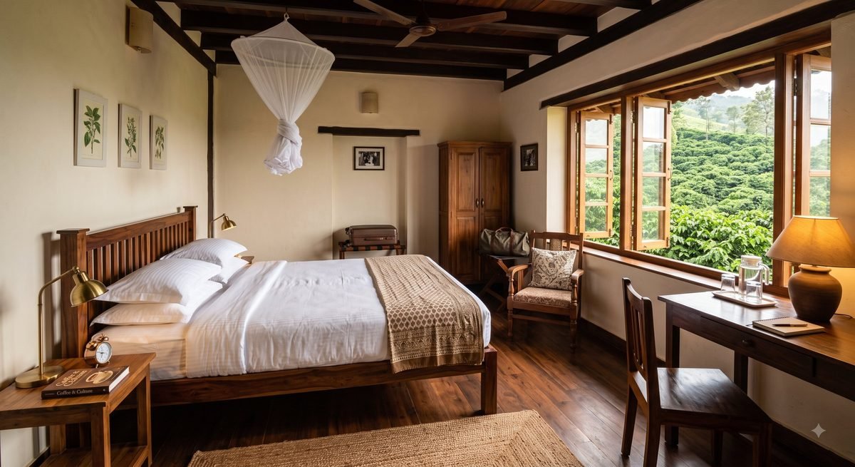 A guest bedroom with a wooden double bed, white linen and a window looking onto coffee bushes