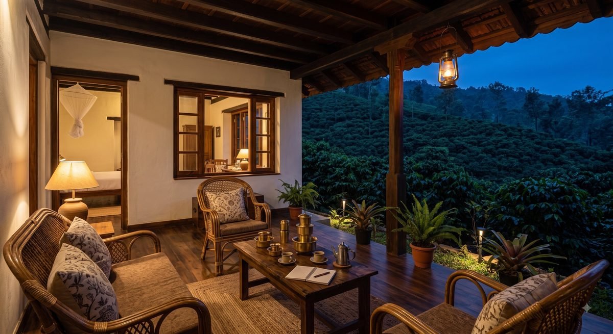 The verandah in the evening with cane chairs, a low table and lamps lit