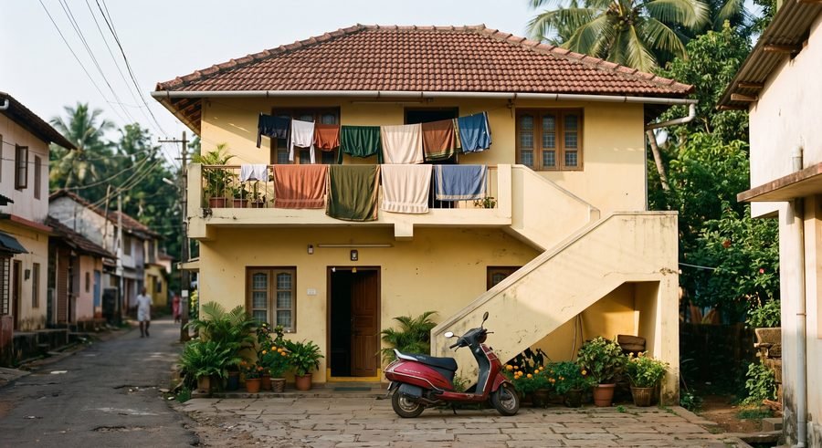 A two-storey family guest house with a red-tiled roof