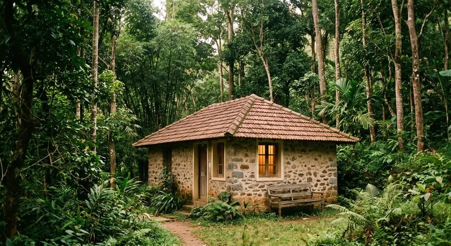 A small plantation cottage standing among tall trees
