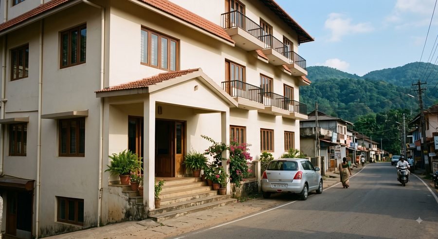 The frontage of a small independent hotel on a Madikeri street, with a covered entrance and hills at the end of the road