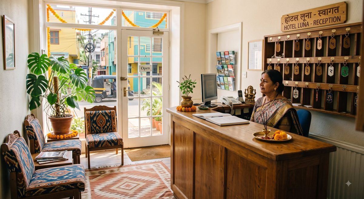 A modest reception with a wooden counter, key rack and two chairs