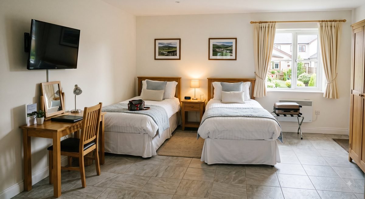 A twin room with two neatly made beds, a small desk and a clean tiled floor