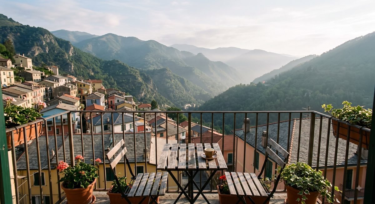 The view from a balcony over the rooftops of the hill town toward green ridges