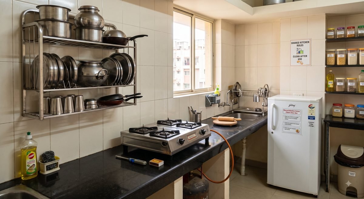 A shared kitchen with a gas stove, steel vessels on a rack and a small fridge