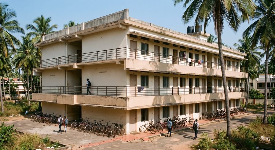 A plain residential building near a coastal Karnataka campus, with an external corridor and bicycles parked below