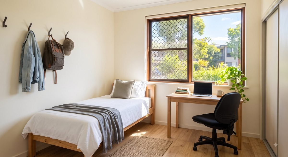 A clean single room with a bed, study table, chair and a mesh-screened window