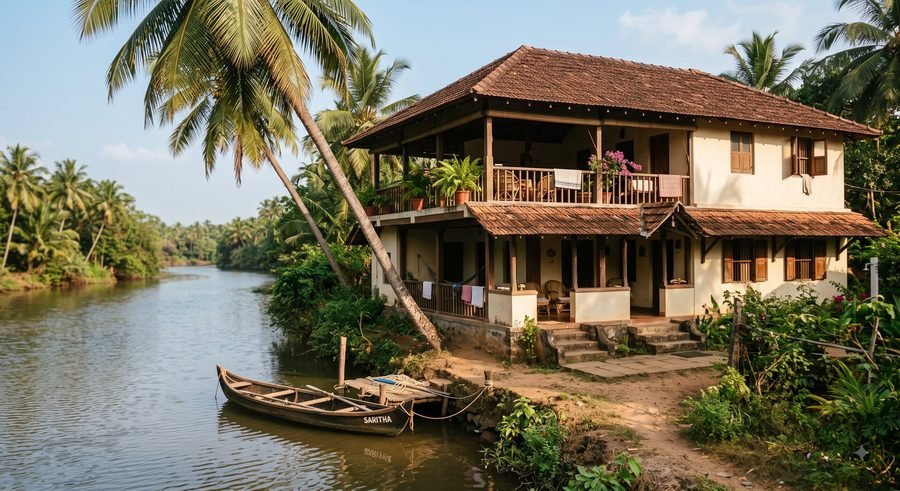 A guest house on a riverbank with an open terrace facing the water